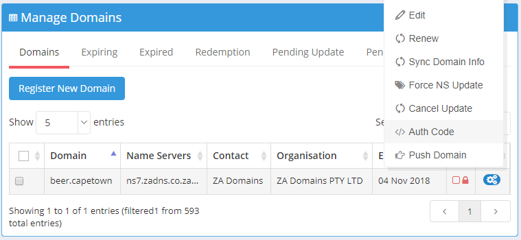 ZA Domains Send EPP Auth Code